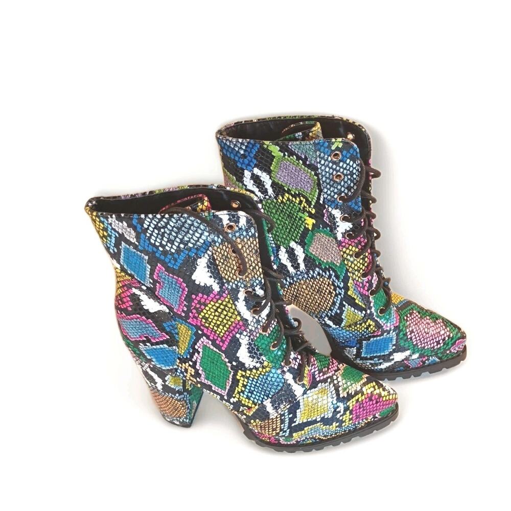 Liliana Women’s 8 Multi Colored‎ Snakeskin Design Ankle Block Heel Boots